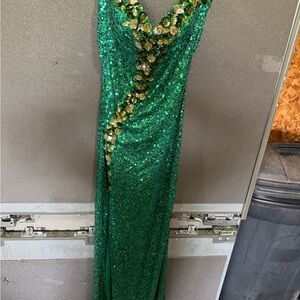 Maggie Sottero Emerald Green Sequin Prom Dress with Gold Gem Accents